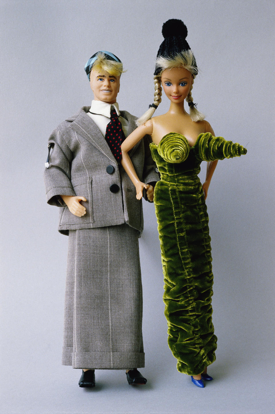 Barbie and Ken dolls from the collection of Billy Boy wear outfits designed by Jean-Paul Gaultier.