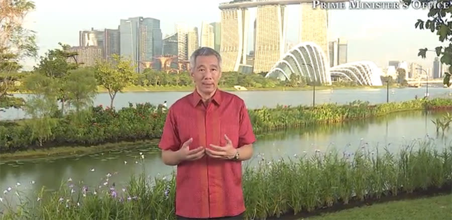 Prime Minister Lee Hsien Loong delivers his National Day Message 2017 from Gardens by the Bay. Photo: Prime Minister’s Office/YouTube