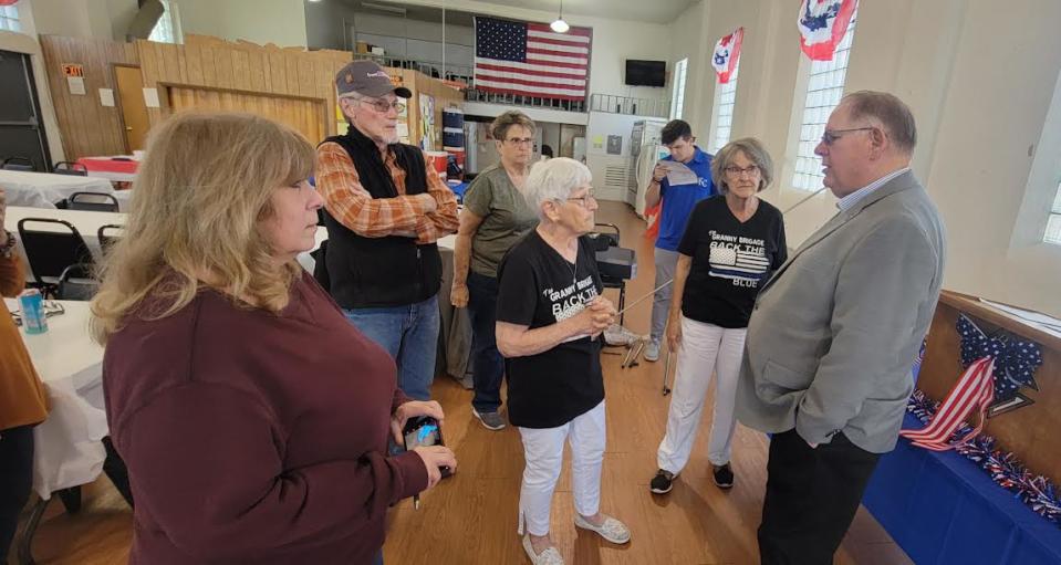 House Speaker Dan Hawkins chats with attendees of a town hall meeting April 11, 2024, in Plainville. Hawkins outlined his opposition to Medicaid expansion during the gathering organized by Rooks County Republicans