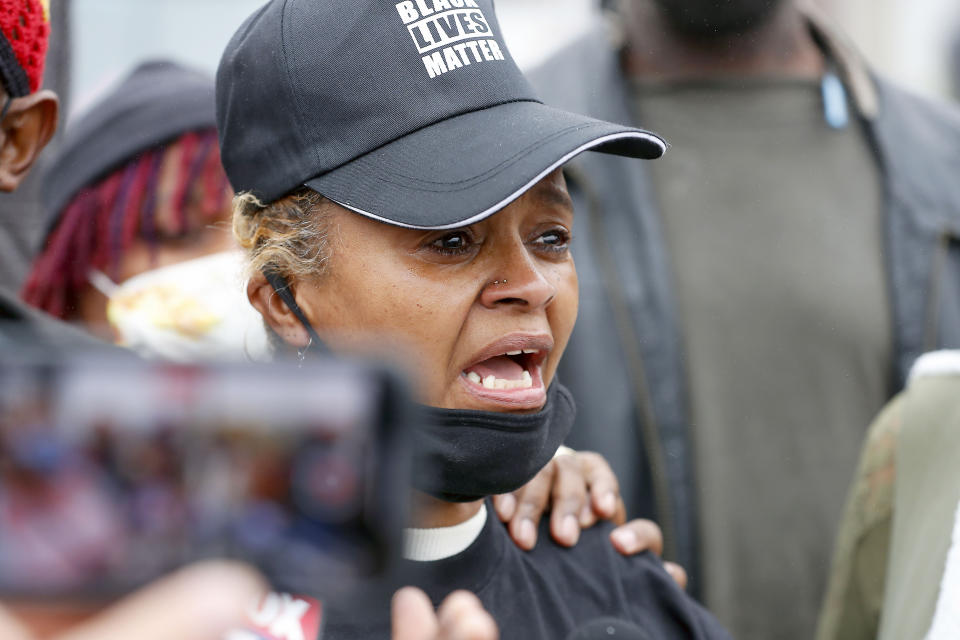 Sherrellis Sheria Stinnette, grandmother of Marcellis Stinnette, 19, speaks to the media during a protest rally for Marcellis Stinnette who was killed by Waukegan Police last Tuesday in Waukegan, Ill., Thursday, Oct. 22, 2020. Stinnette was killed and his girlfriend and mother of his child, Tafara Williams, was wounded when a police officer in Waukegan opened fire Tuesday night after police said Williams' vehicle started rolling toward the officer following a traffic stop. (Brian Hill/Daily Herald via AP)