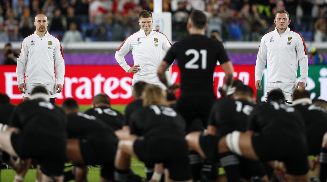 YOKOHAMA, JAPAN - OCTOBER 26: Owen Farrell of England watches the Haka during the Rugby World Cup 2019 Semi-Final match between England and New Zealand at International Stadium Yokohama on October 26, 2019 in Yokohama, Kanagawa, Japan. (Photo by Lynne Cameron/Getty Images)