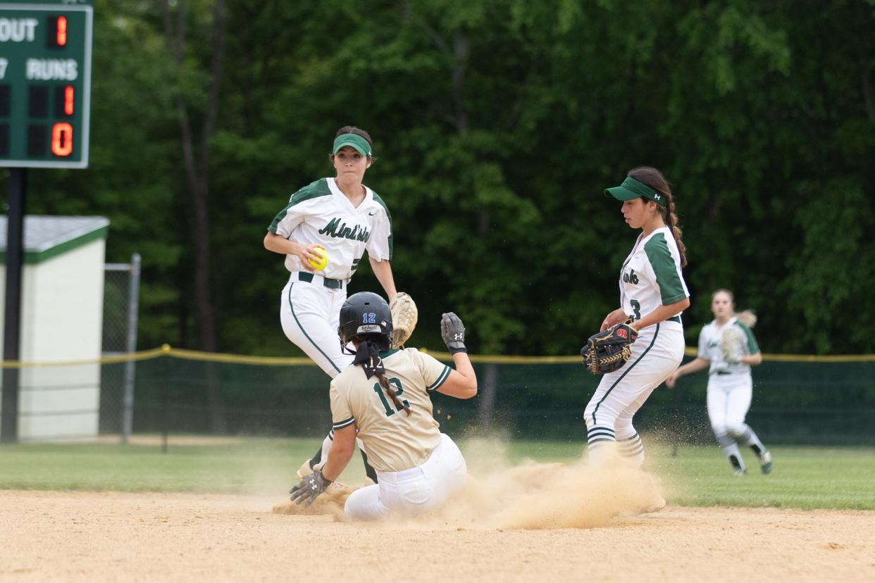 Roosevelt's Cali DeLawder slides safely into second base during a May 26, 2022 softball game against Minisink Valley.
