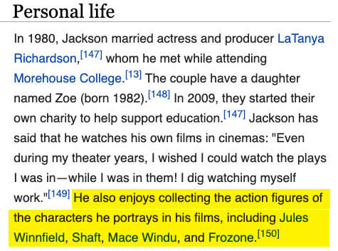 Samuel L.Jackson's Wikipedia page's personal life section