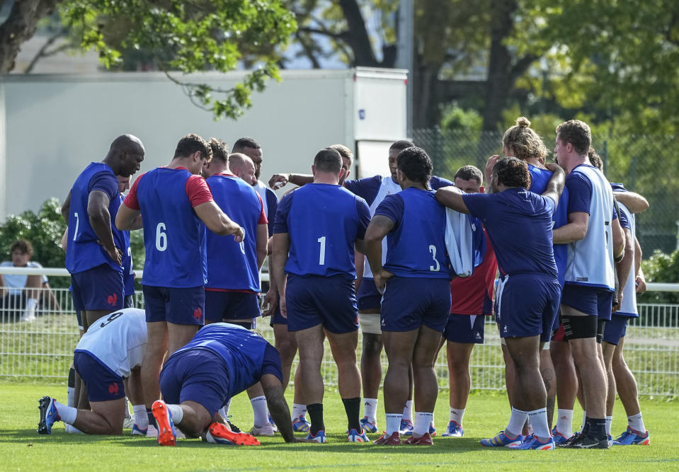 French rugby squad gather during a training session at their base camp's training center in Rueil-Malmaison, outside Paris, Tuesday, Sept. 5, 2023. (AP Photo/Michel Euler)