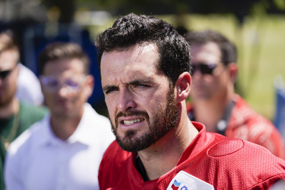 New Orleans Saints quarterback Derek Carr speaks in a press conference after a joint NFL football practice with the Los Angeles Chargers, Thursday, Aug. 17, 2023, in Costa Mesa, Calif. (AP Photo/Ryan Sun)