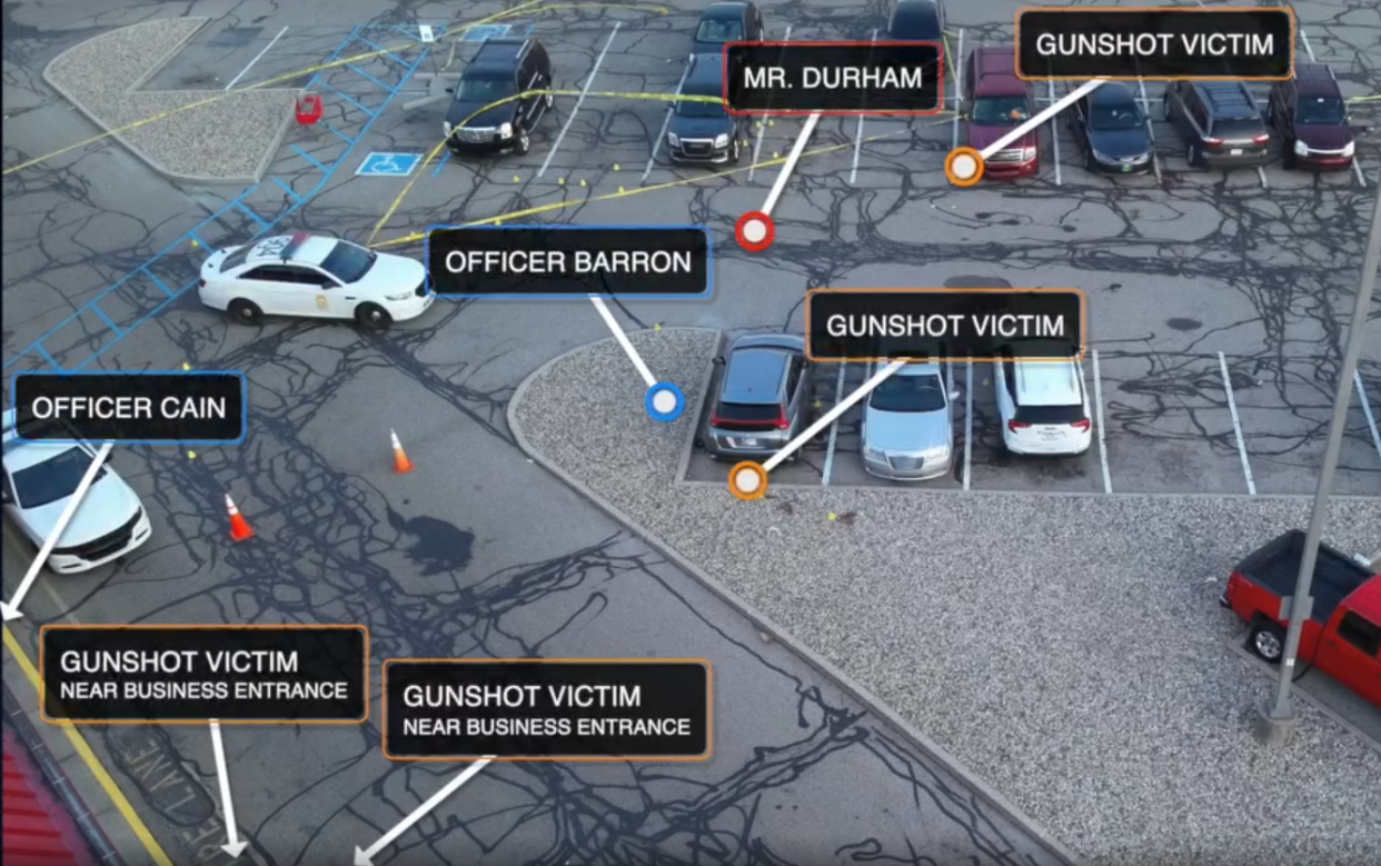A depiction of where Officer Arturo Barron stood when he returned fire on March 29, 2024 after a shooting erupted at a bar. The gunfire killed the suspected gunman, and injured five others, including another officer.