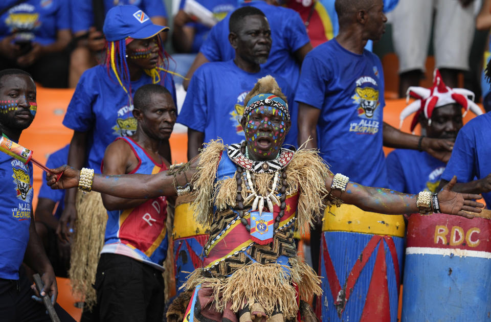 Congo's supporters react during the African Cup of Nations Group F soccer match between Morocco and DR Congo, at the Laurent Pokou stadium in San Pedro, Ivory Coast, Sunday, Jan. 21, 2024. (AP Photo/Themba Hadebe)