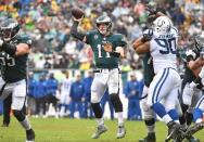 Sep 23, 2018; Philadelphia, PA, USA; Philadelphia Eagles quarterback Carson Wentz (11) throws a pass during the second half against the Indianapolis Colts at Lincoln Financial Field. Mandatory Credit: Eric Hartline-USA TODAY Sports
