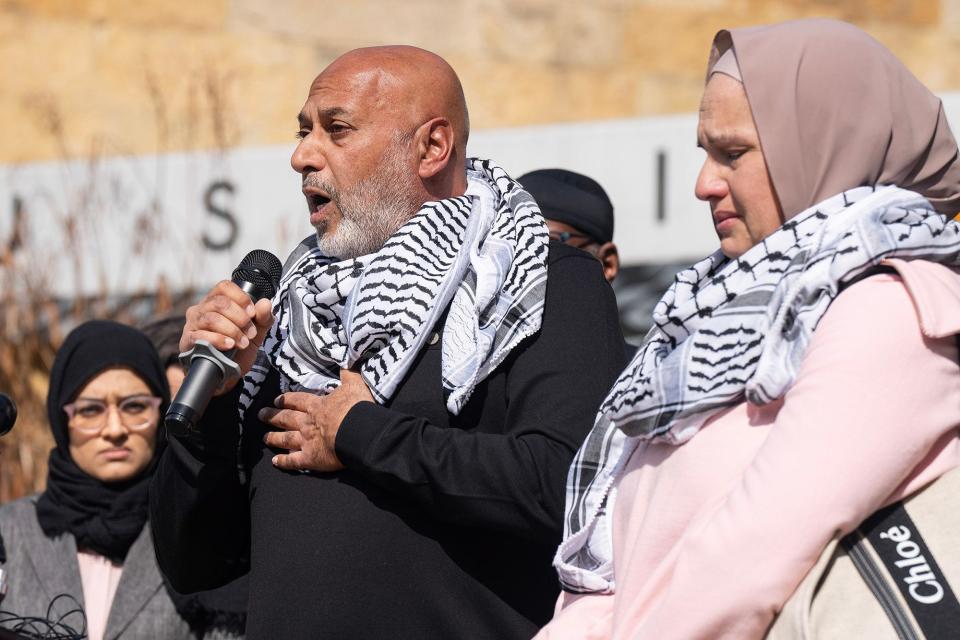 Nizar Doar, the father of stabbing victim Zacharia Doar, speaks at a news conference Tuesday outside Austin City Hall. Zacharia Doar, a Palestinian American, was targeted in a West Campus stabbing, an Islamic advocacy group says.