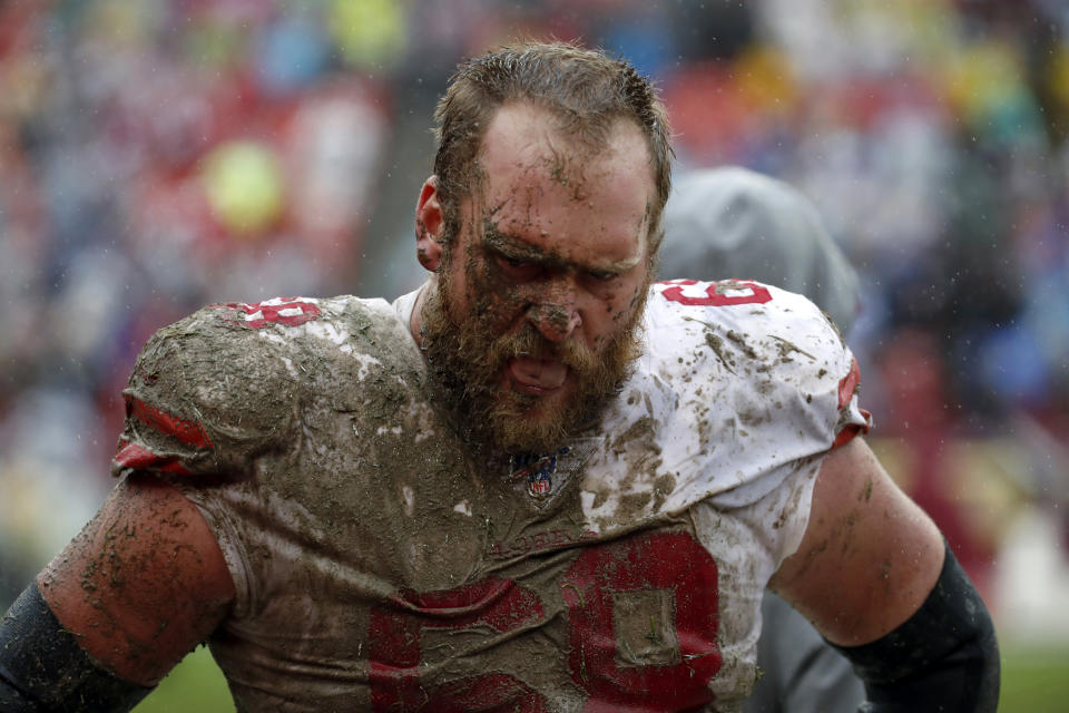 San Francisco 49ers offensive guard Mike Person walks on the sideline in the second half of an NFL football game against the Washington Redskins, Sunday, Oct. 20, 2019, in Landover, Md. (AP Photo/Alex Brandon)