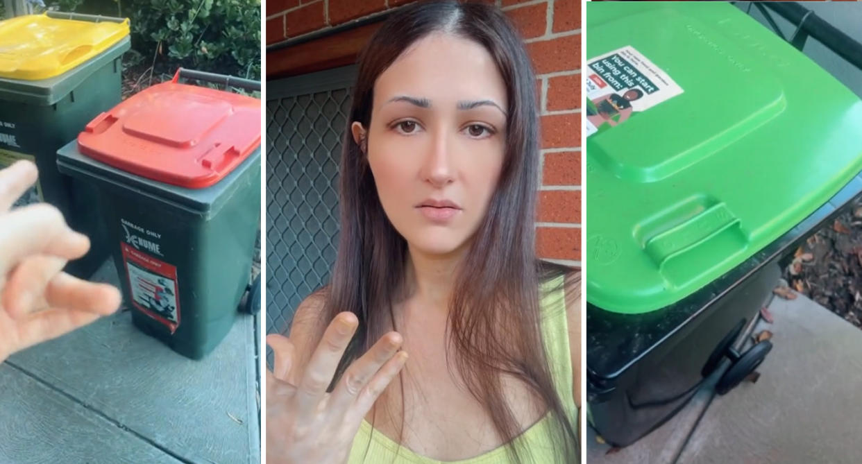 The red and yellow bins (left), the green bin (middle) and the woman (right). 