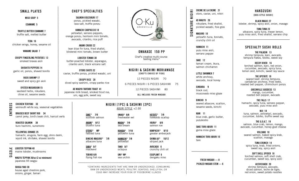 O-Ku Greenville opening day dinner menu