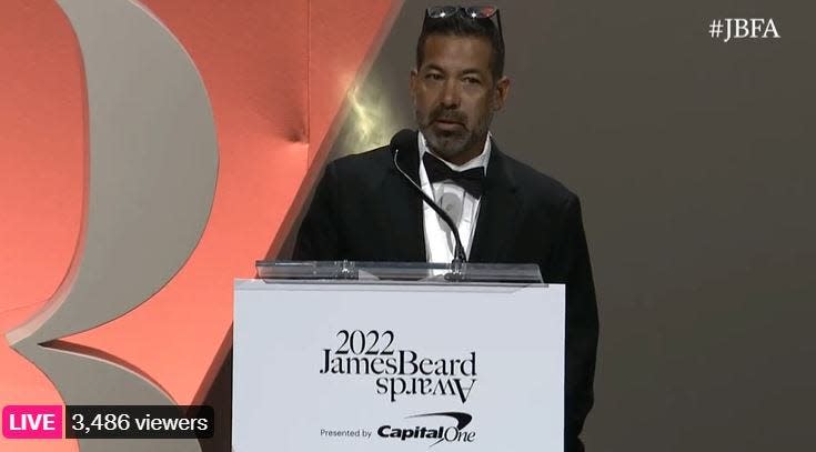 In this screenshot, Tucson baker Don Guerra accepts his award for Outstanding Baker at the 2022 James Beard Awards.