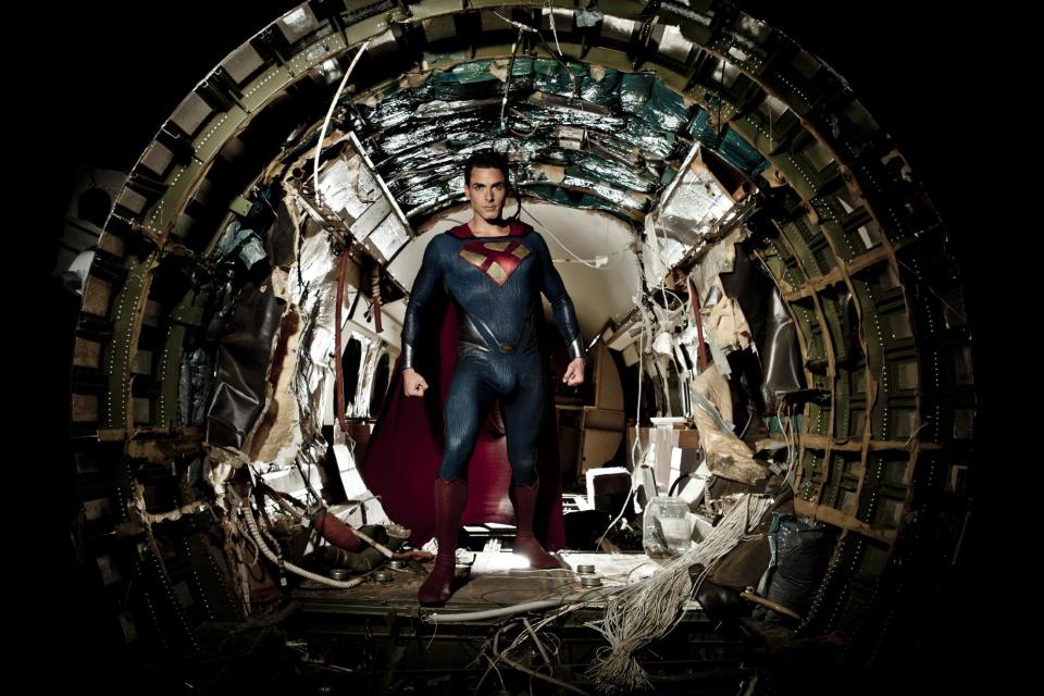 This undated photo provided by Vivid Entertainment Group shows Ryan Driller portraying Superman on the set of "Man of Steel XXX: A Porn Parody" in Los Angeles. Parodies, once a cheaply filmed niche segment of the adult movie market, are the hottest thing in porn these days. They are filled with top-notch special effects, real story lines, actors who can sometimes act and costumes as accurate as any you’ll find in the mainstream movies they make fun of. (AP Photo/Vivid Entertainment Group)