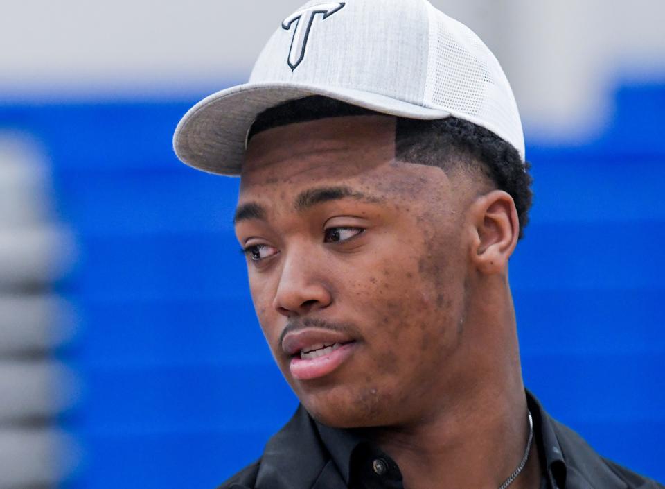 Montgomery Catholic athelete Caleb McCreary, who is signing to play football at Huntingdon College, during signing day at the Catholic campus in Montgomery, Ala., on Wednesday February 7, 2024.