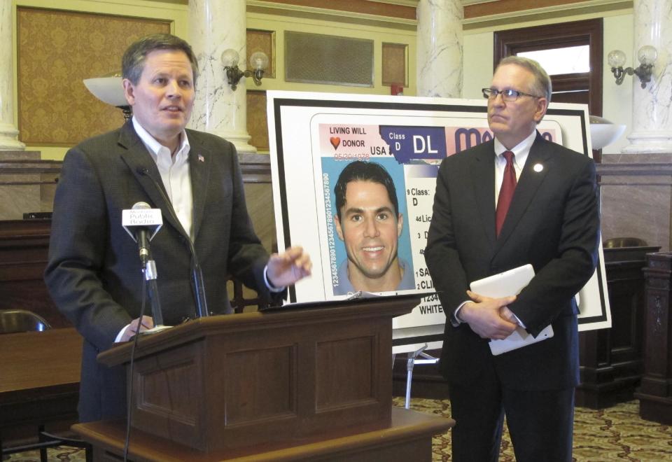 FILE This Feb. 13, 2014 photo shows Rep. Steve Daines, R-Mont., left, speaking at a news conference with Montana Attorney General Tim Fox, in Helena, Mont. Daines is running against Democrat John Walsh for the Senate seat Democrat Max Baucus left earlier this year. Max Baucus’ decision not to seek re-election to the Senate after 35 years opened the door for Republicans to pick up one of the six Democratic seats they need to recapture control of the Senate. But his early resignation after being named U.S. ambassador to China may have bolstered Democratic prospects of retaining the seat they have held for a century, thanks to the value of incumbency. (AP Photo/Matt Volz, File)