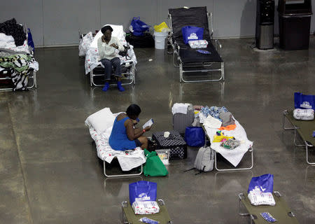 Refugees rest on camb beds at a convention centre set up for Caribbean refugees whose homes were destroyed by Hurricane Irma, in San Juan, Puerto Rico September 14, 2017. REUTERS/Alvin Baez