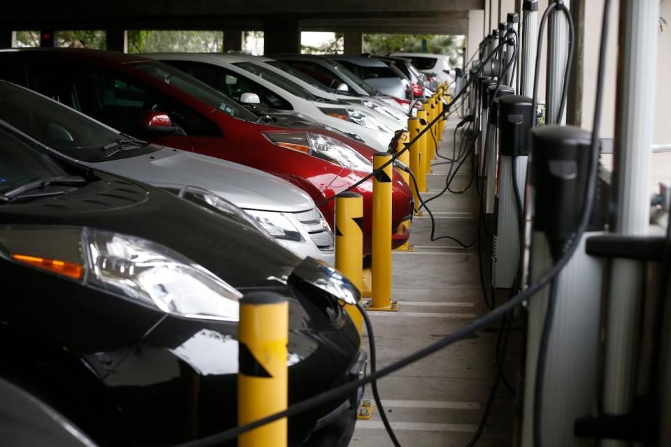 Electric cars sit charging in a parking garage at the University of California, Irvine, in January 2015. Sales of zero-emission cars are still growing in Canada — though perhaps not as quickly as had been expected.  (Lucy Nicholson/Reuters - image credit)