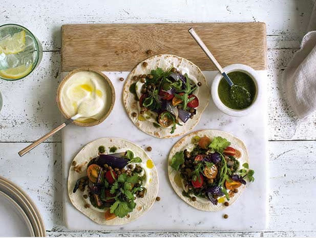 Lentil and roasted red onion tacos