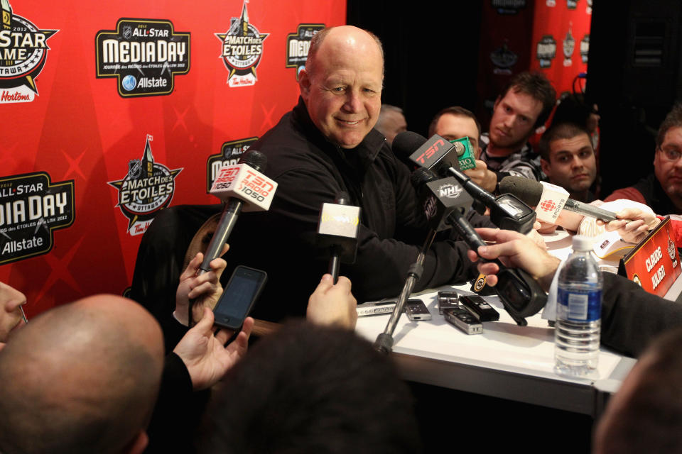 OTTAWA, ON - JANUARY 27: Head coach Claude Julien of the Boston Bruins answers questions from the media during the 2012 NHL All-Star Game Player Media Availability at the Westin Ottawa on January 27, 2012 in Ottawa, Ontario, Canada. (Photo by Christian Petersen/Getty Images)