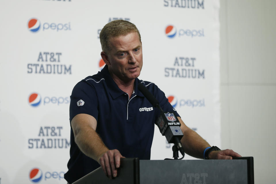 FILE - In this Dec. 15, 2019, file photo, Dallas Cowboys head coach Jason Garrett takes part in a news conference following an NFL football game against the Washington Redskins in Arlington, Texas. A person with direct knowledge of the decision says New York is hiring Garrett to be the Giants offensive coordinator. The person spoke to The Associated Press on condition of anonymity Friday, Jan. 17, 2020, because the team did not immediately announce the move. (AP Photo/Ron Jenkins, File)