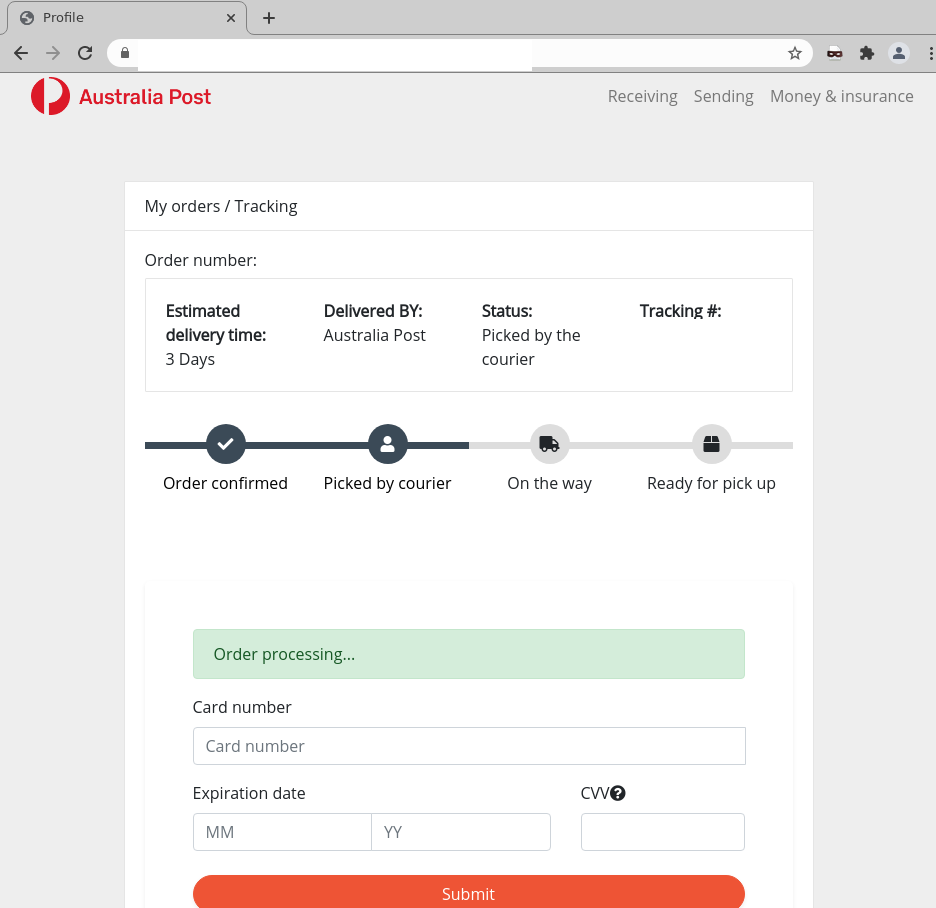 AusPost scam showing tracking details