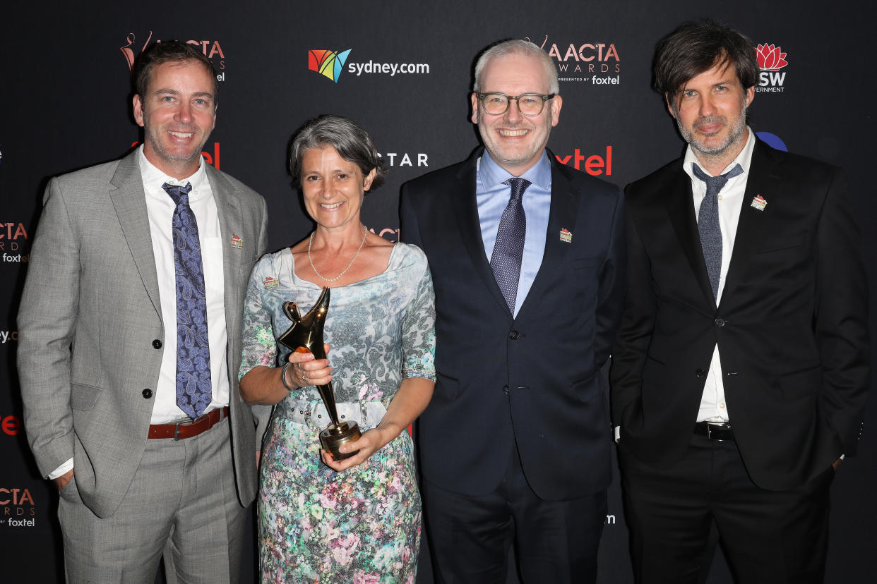 SYDNEY, AUSTRALIA - DECEMBER 02: Joe Brumm (R) poses with AACTA Award for Best Children's Program in the media room during the 2019 AACTA Awards Presented by Foxtel | Industry Luncheon at The Star on December 02, 2019 in Sydney, Australia. (Photo by Rocket K/Getty Images for AFI)