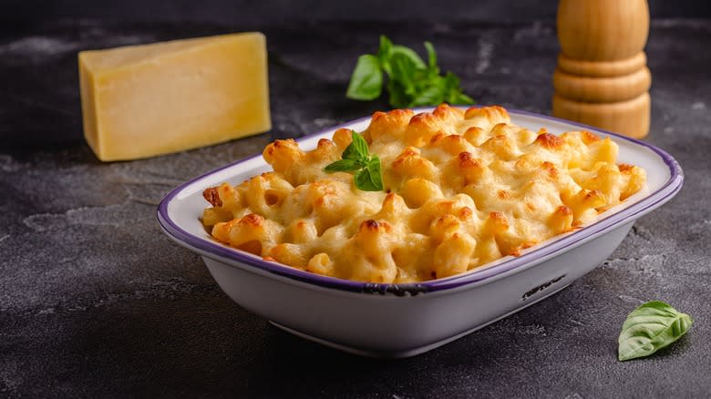 Macaroni and cheese in white baking dish