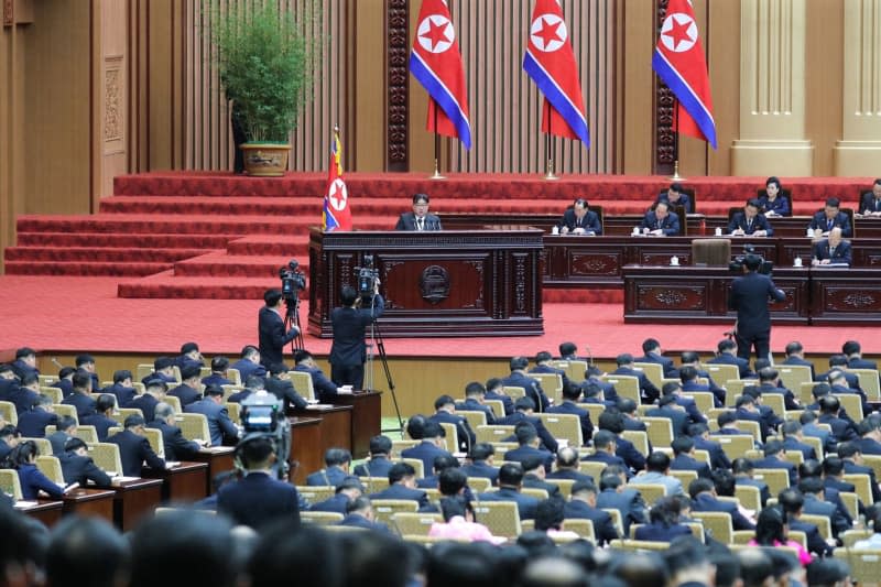 A picture released by the North Korean state news agency (KCNA) on 16 January 2024 shows North Korean leader Kim Jong-un the 10th session of the 14th Supreme People's Assembly (National Assembly) at the Mansudae Assembly Hall in Pyongyang. -/KCNA via YNA/dpa