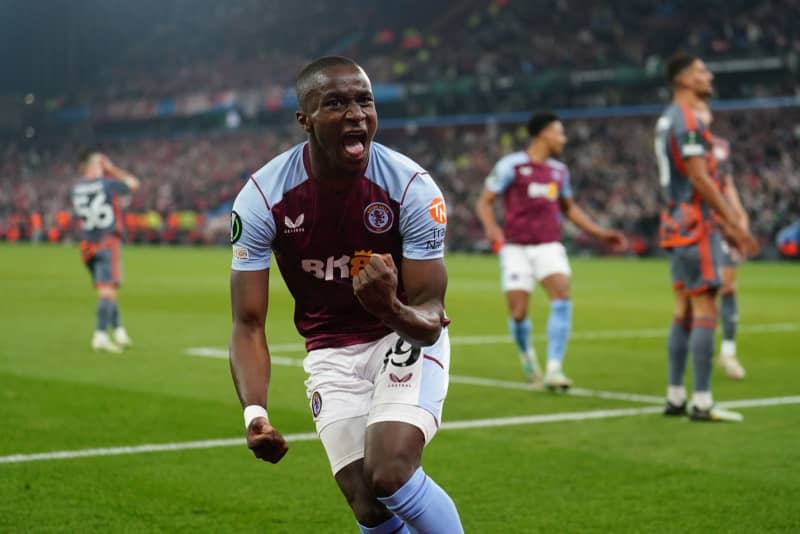 Aston Villa's Moussa Diaby celebrates scoring his side's second goal during the UEFA Europa Conference League semi-final first leg soccer match between Aston Villa and Olympiacos at Villa Park. David Davies/PA Wire/dpa