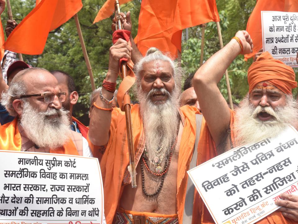 Holy Hindu Saints and United Hindu Front stages agitation against the petition before same-sex marriage in Supreme Court , at Jantar Mantar on April 27, 2023 in New Delhi, India.