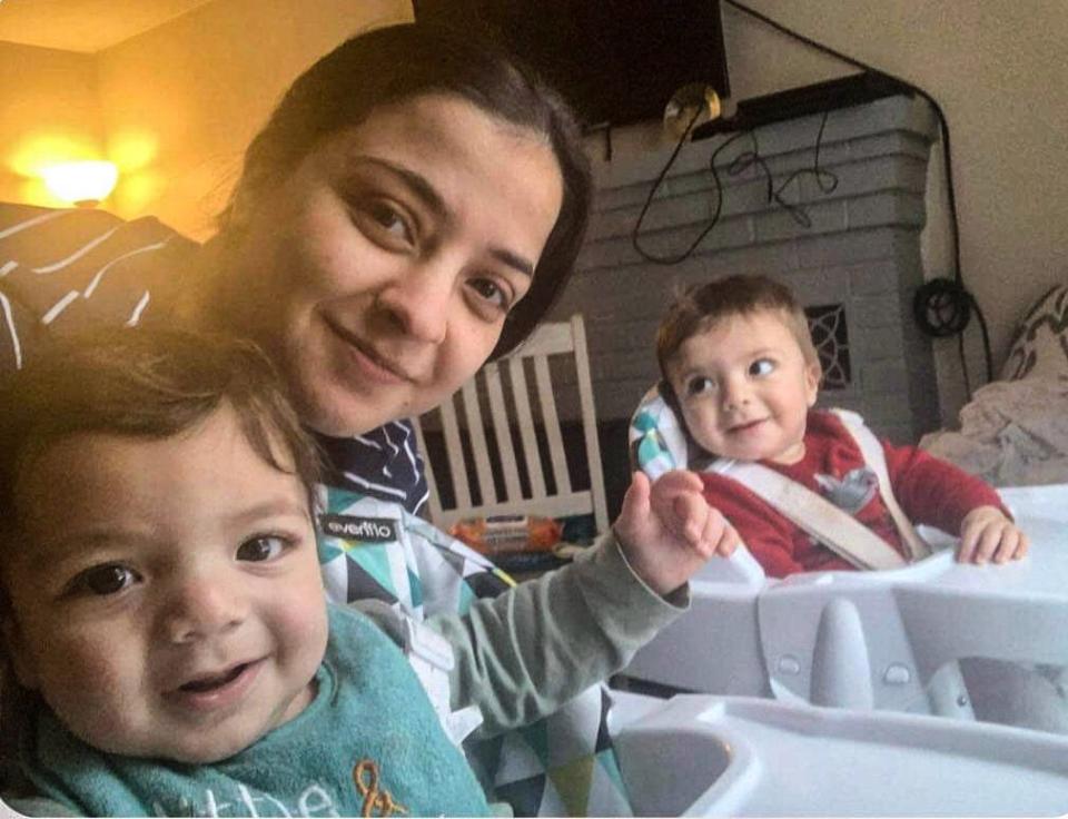 Zinah Alalkawi, the wife of Sabeeh Alalkawi of Albany, N.Y. seen with the couple's twin sons in a family photo. Sabeeh Alalkawi died in Feb. 2023 when Troy police officer Justin Byrnes, responding to a 911 call, sped through the intersection and crashed into a car being driven by Alalkawi, who was working as a pizza delivery driver, one of several jobs that he held.