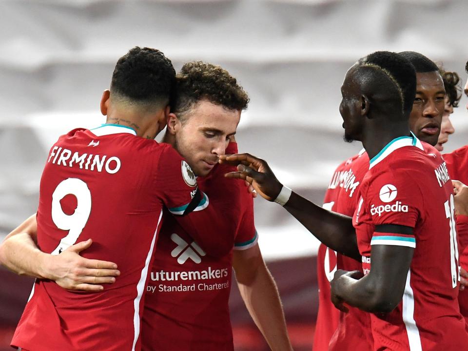 <p>Roberto Firmino celebrates with teammates Diogo Jota, Sadio Mane and Georginio Wijnaldum</p> (Getty)