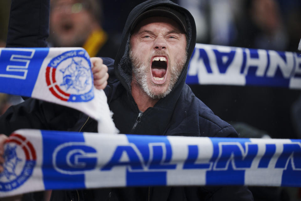 FC Copenhagen fan reacts after the Champions League Group A soccer match between FC Copenhagen and Galatasaray, at the Parken Stadium, in Copenhagen, Tuesday, Dec. 12, 2023. (Liselotte Sabroe/Ritzau Scanpix via AP)