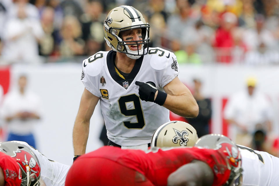 Drew Brees sent a customized game ball this week to every receiver who ever caught a pass from him and helped him break the NFL’s all-time passing yards record earlier this season. (Getty)