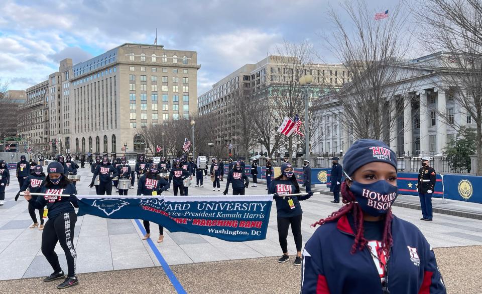 The Howard University Showtime Marching Band participates in a rehearsal of the parade down Pennsylvania Avenue in Washington, D.C. on Jan. 18. (Photo: DANIEL SLIM via Getty Images)