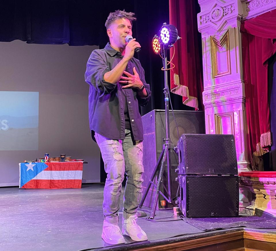 Puerto Rican singer Edgar Rene entertained 300 area high school Spanish class students at the Tibbits Opera House April 24.