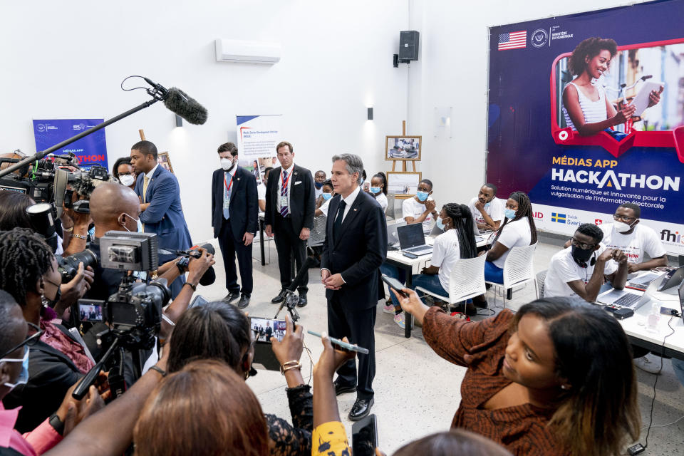 Secretary of State Antony Blinken speaks to members of the media while visiting an election transparency hackathon event at the Kinshasa Digital Academy in Kinshasa, Congo, Wednesday, Aug. 10, 2022. Blinken is on a ten day trip to Cambodia, Philippines, South Africa, Congo, and Rwanda. (AP Photo/Andrew Harnik, Pool)