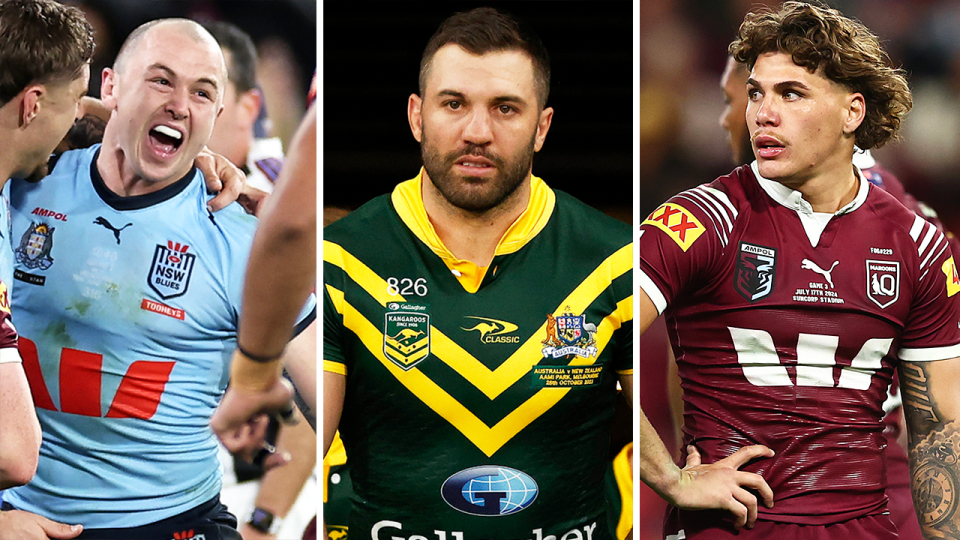 James Tedesco (pictured middle) wants to show Mal Meninga he is still the best man for the Kangaroos fullback role, despite Dylan Edwards (pictured left) and Reece Walsh (pictured right) proving their worth. (Getty Images)