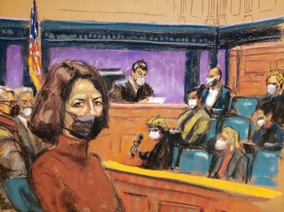 Jeffrey Epstein associate Ghislaine Maxwell sits as the guilty verdict in her sex abuse trial is read in a courtroom sketch in New York City, US, 29 December 2021 (Jane Rosenberg/Reuters)