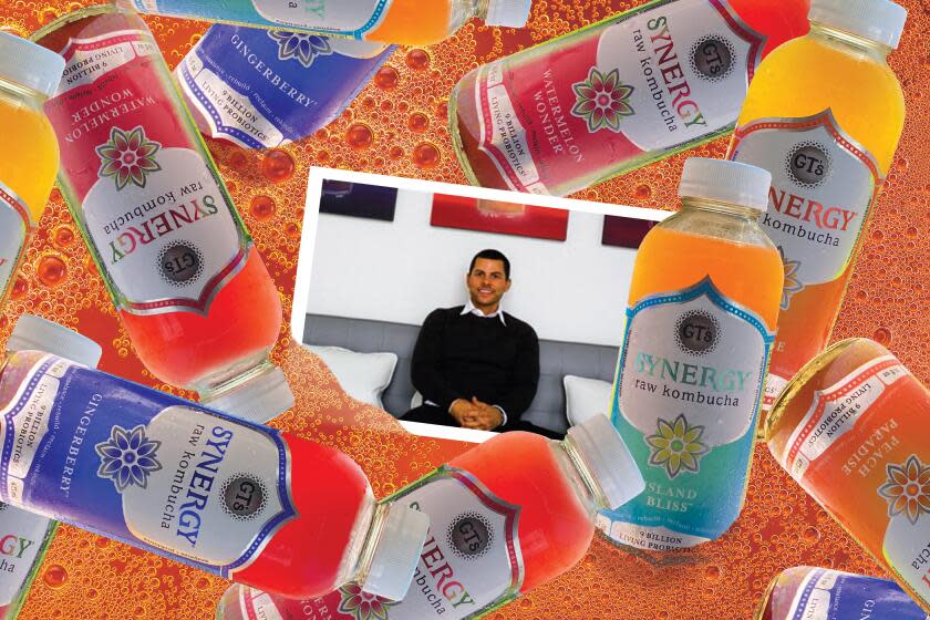 Photo illustration of a photograph of GT Dave surrounded by bottles of Kombucha