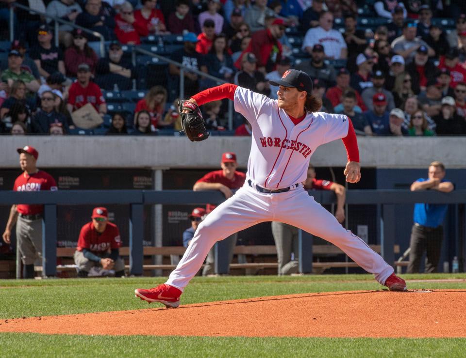 Thomas Pannone starts on the mound at the Worcester Red Sox home opener at Polar Park Tuesday, April 12, 2022.