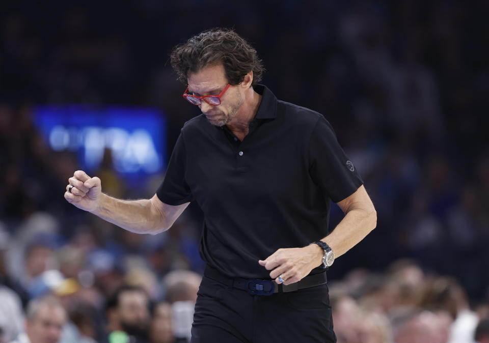 Nov 6, 2023; Oklahoma City, Oklahoma, USA; Atlanta Hawks head coach Quin Snyder reacts after a play against the Oklahoma City Thunder during the second quarter at Paycom Center. Mandatory Credit: Alonzo Adams-USA TODAY Sports