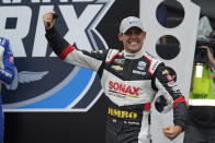 Rinus VeeKay, of the Netherlands, reacts after winning the IndyCar auto race at Indianapolis Motor Speedway, Saturday, May 15, 2021, in Indianapolis. (AP Photo/Darron Cummings)