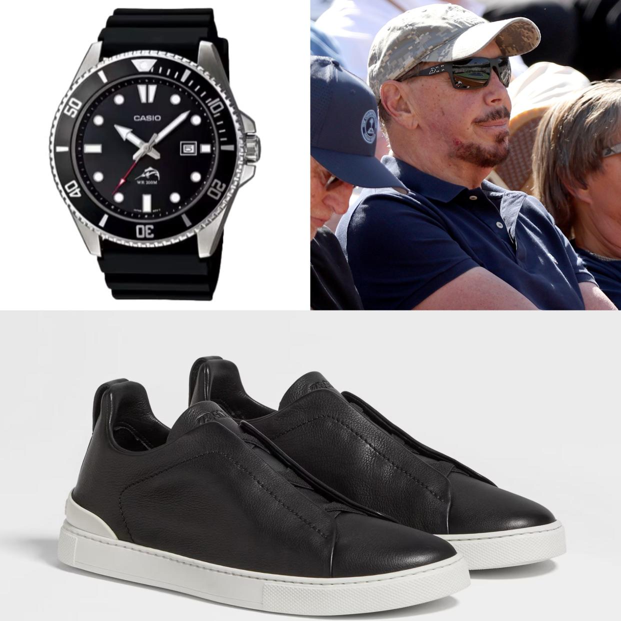 A composite image of a Casio watch, a man wearing sunglasses, and a pair of black sneakers.