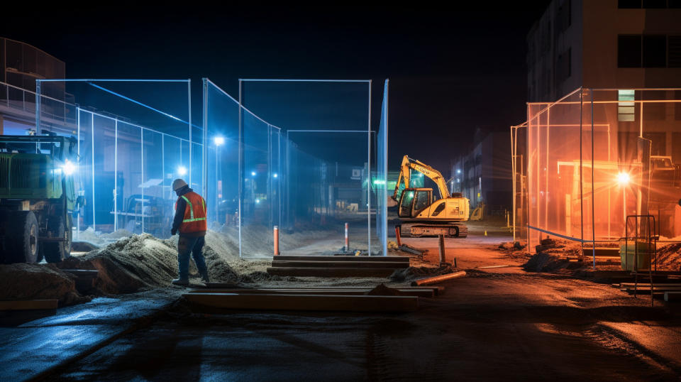 A construction site at night with long exposure illuminating specialty materials and trench shields.