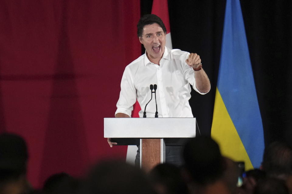 Canadian Prime Minister Justin Trudeau speaks at a rally for Ukrainian President Volodymyr Zelenskyy at the Fort York Armoury in Toronto, Friday, Sept. 22, 2023. (Nathan Denette/The Canadian Press via AP)