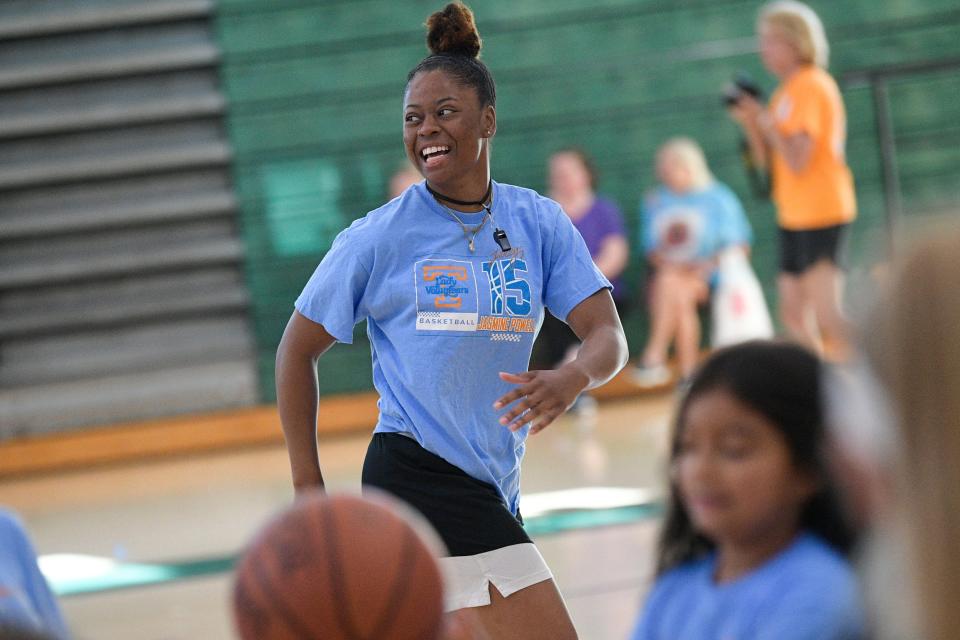 Jasmine Powell plays a game with kids at a Tennessee Lady Vols basketball summer camp held at Webb School in West Knoxville, Tenn. on Saturday, July 16, 2022.