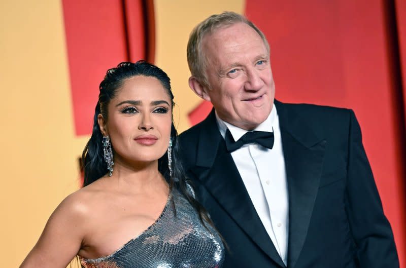 Salma Hayek (L) shared photos from her wedding to François-Henri Pinault on their 15th anniversary. File Photo by Chris Chew/UPI