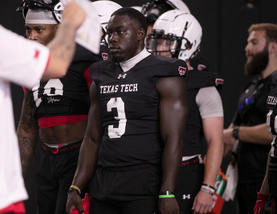 Texas Tech defensive edge player Bryce Ramirez (3) is nearing a return from season-ending lower-leg fractures he suffered last September. Ramirez, now a fifth-year senior, was making his first college start in the game in which he got hurt.
